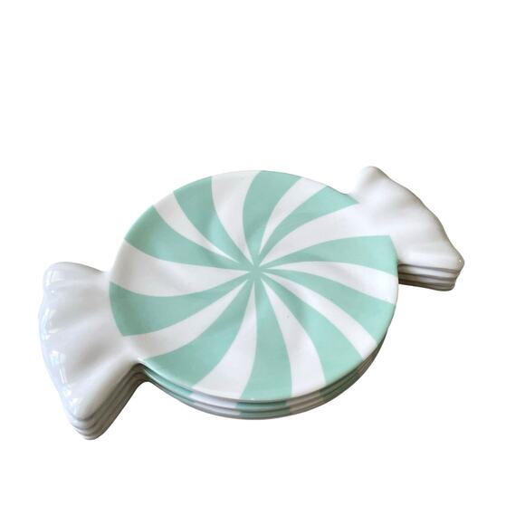 Peppermint Candy Shaped Appetizer Plate Set of 4 Holiday Mint & White Melamine - Picture 11 of 15